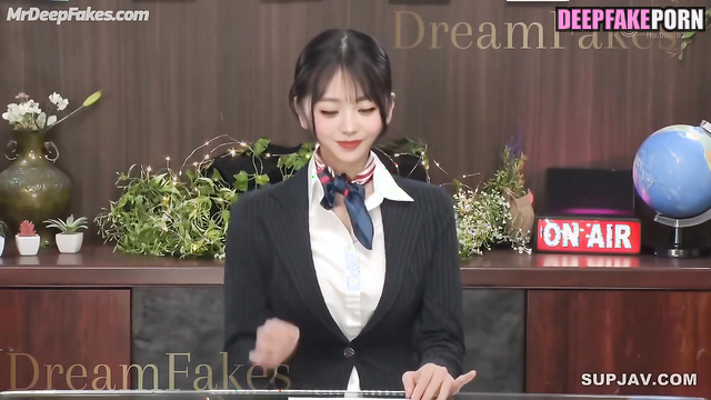 News anchor 本物の偽物 Wonyoung cums from my hands while she is on airアイヴ IVE real fake